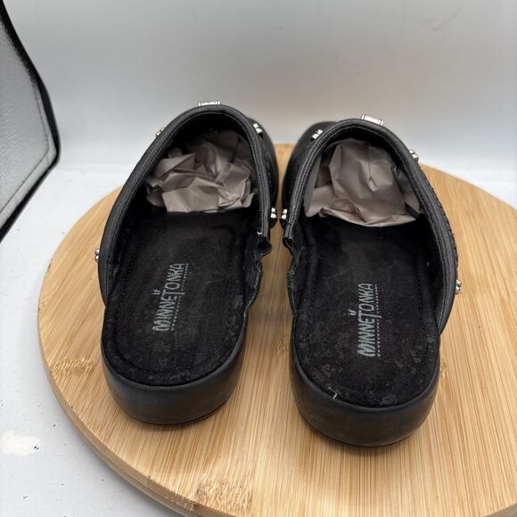 Minnetonka Black Leather Mule Slides Braided Strap Silver Charm Slip on Size 10 - Picture 5 of 10